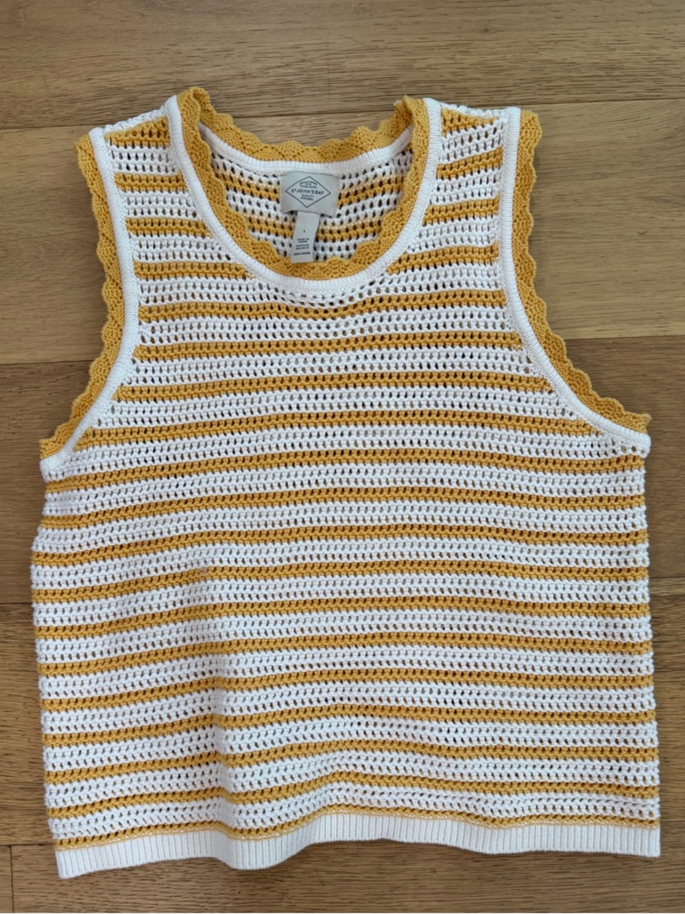 St. John's Bay Yellow & White Crochet Cottagecore scallop Stripe Tank  size L GU